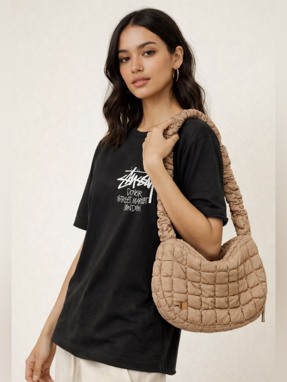 Quilted Hobo Shoulder Bag in Beige